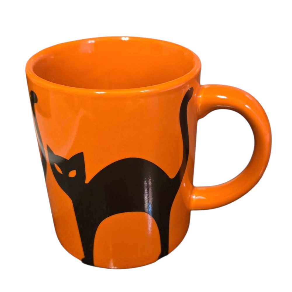 Halloween Crate And Barrel Orange Coffee Mug Cup Black Purple Cat Design
